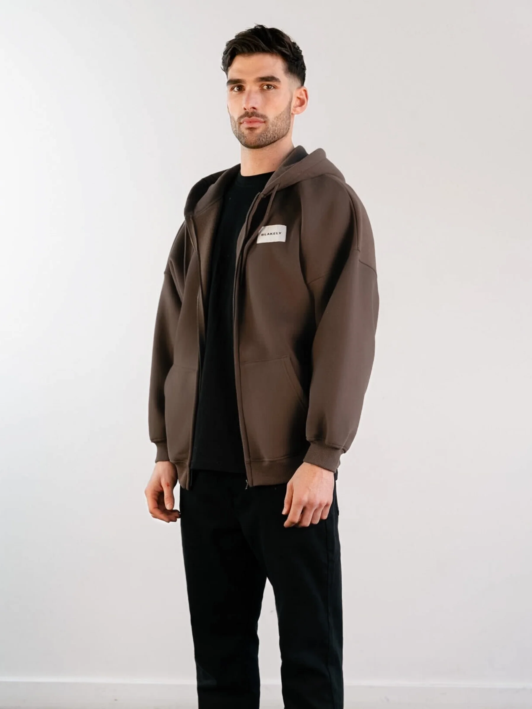 Label Relaxed Full Zip Hoodie - Slate Brown - Winsoncom